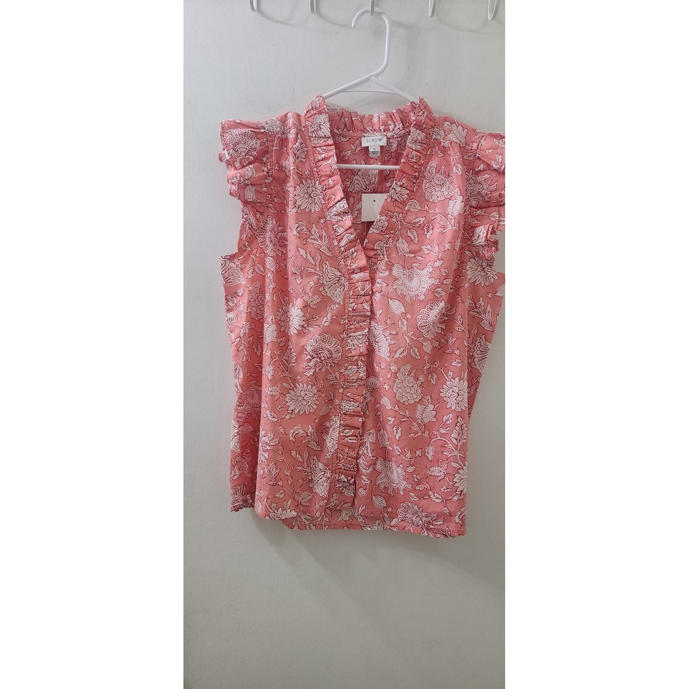 J.Crew Pink Floral Ruffle V-Neck Sleeveless Cotton Blouse BF834 Womens S